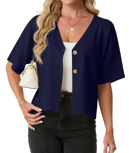 GRECERELLE Women's Summer Lightweight Short Sleeve Cardigans V Neck Casual Knit Button Down Sweater for Work or Vacation, Navy Blue, L - Thumbnail 2