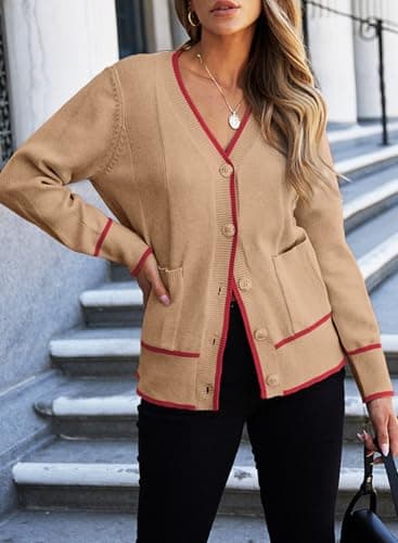 Dokotoo Cardigans for Ladies Open Front 2026 Long Sleeve Lightweight Color Block Spring Twisted Knit Sweater Coats with Pockets,Light French Beige Small - Thumbnail 5