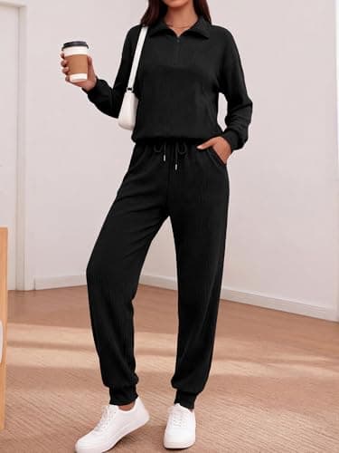 BTFBM Women's 2 Piece Tracksuit Fall Outfits 2025 Long Sleeve Half Zip Sweatshirt Sweatpants Lounge Set Sweatsuits(Solid Black,Medium) - Thumbnail 4