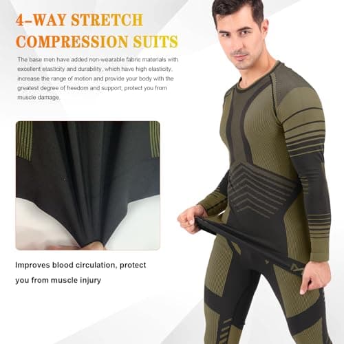 MeetHoo Mens Thermal Underwear Set Seamless Fleece Lined Base Layer Sports Long Johns Winter Gear Running Skiing Green - Thumbnail 3