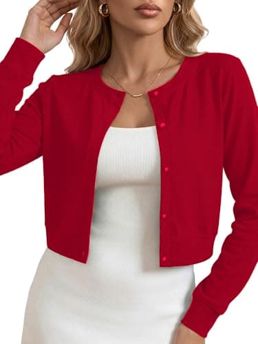Heymoments Bolero Cardigans for Women Red Small Cropped Lightweight Shrug Button Down Long Sleeve Crewneck Casual Ladies Open Front Knit Coat Fall Tops Sweater for Dresses Jean - Image 1