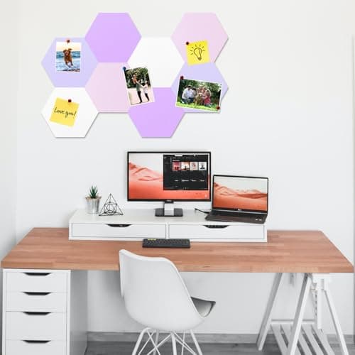 HULAVO 8 Pcs Hexagon Felt Cork Bulletin Board Tiles, Self Adhesive DIY Bulletin Board Pin Board for Office School Home Wall Decor Memos Photos Display(Purple & Pink) - Thumbnail 2
