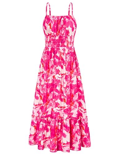 Spaghetti Strap Dresses for Women Casual Sleeveless Dress Smocked Tiered Floral Cami Dress Rose Red Floral M - Image 1