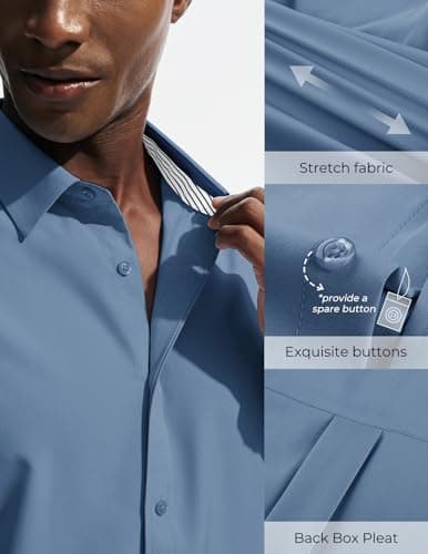 PJ PAUL JONES Mens Dress Shirts Short Sleeve Button Up Shirt Wrinkle Free Business Casual Shirts for Men Summer Work Office Wedding Denim Blue - Thumbnail 3