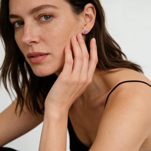 JACUPO 0.8CT Rose Heart Earrings Option of Sapphire Moissanite Stud Earrings Lab-Grown Earrings Birthstone Earrings for Women S925 Sterling Silver Post D Color VVS1 Clarity Ideal Gift for Wife Mother for Birthday Anniversary Valentine's Day Conveying I Love You Message (Feb Amethyst Rose Gold) - Thumbnail 4