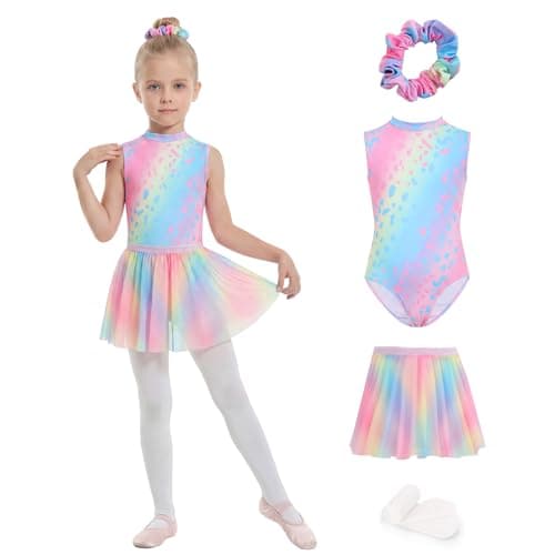 JiAmy Dance Leotard for Girls 4 Pcs with Removable Skirt Gradient Color Dance Dress Outfit Combo Tights Scrunchy 9-10Y,Rainbow Leopard - Image 1