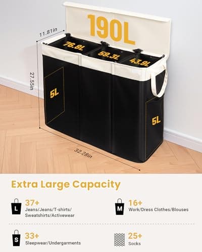 190L Laundry Hamper with Lid, Large Laundry Basket with Lid and 3 Section, Sturdy Laundry Baskets with 3 Removable Bags (L M S), Dirty Clothes Hamper Organizer for Laundry Room, Bedroom and Dorm Room - Thumbnail 5