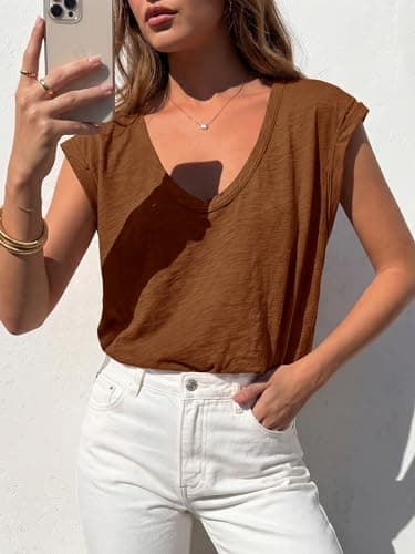 BTFBM Womens Tops Going Out Casual Oversized Summer Basic Tees 2026 V Neck T Shirts Trendy Blouse(Light Brown,Medium) - Thumbnail 6