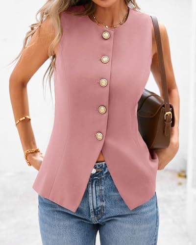 BTFBM Summer Sleeveless Blazer Vest For Women Dressy Button Down Round Neck Business Casual Outfits Work Suit Vests Tops(Pink, Large) - Thumbnail 5