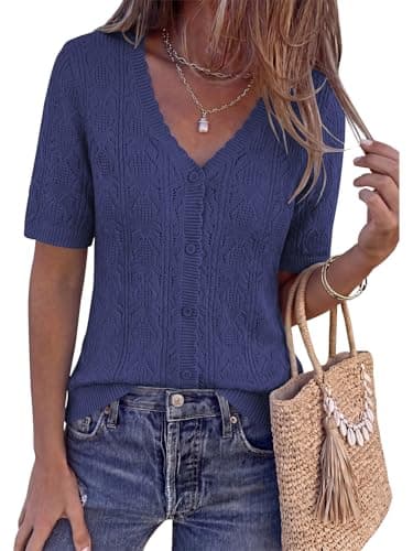 PRETTYGARDEN Summer Crochet Cardigan Button Up V Neck Short Sleeve Sweater for Women Lightweight Blue Shrug Dressy Tops (Navy Blue, Small) - Image 1