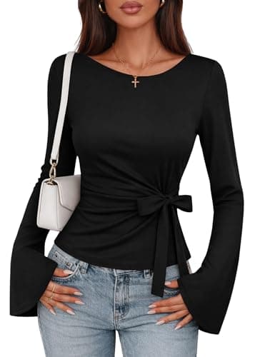 Lazysmile Womens 2026 Spring Long Sleeve Shirts Crewneck Tie Waist Crop Going Out Tops Casual Business Blouses Black - Image 1