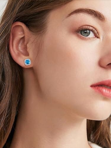 Bestyle Blue Topaz CZ Stud Earrings,Birthstone Earrings Stud for Women Sterling Silver Square Cubic Zirconia Stud Earrings Hypoallergenic Silver Earrings for Women - Thumbnail 2