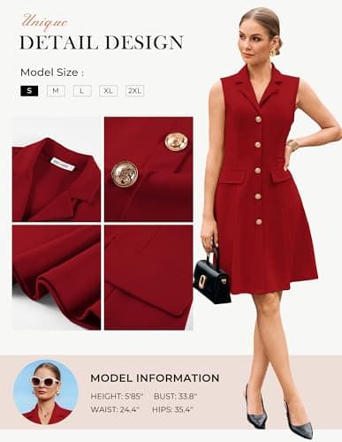 Red Dress for Women V Neck Dress Business Work Dress Sleeveless A Line Midi Dress L - Thumbnail 4