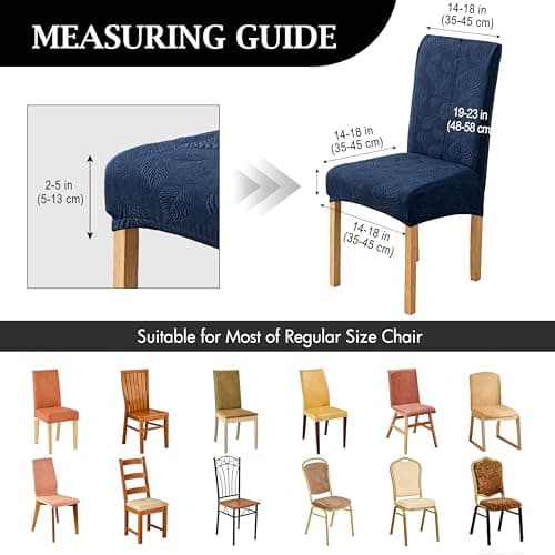 Genina Waterproof Dining Chair Covers Set of 8,Stretch Dining Room Chair Slipcovers with Leaf Jacquard,Removable Kitchen Chair Protector for Home,Restaurant,Banquet-Navy Blue - Thumbnail 3