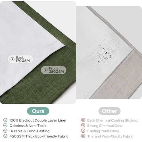 HOMEIDEAS Olive Green Pinch Pleated Curtains 100% Blackout,Linen Blend Luxury Thermal Insulated with Adjustable Hooks, for Living Room Bedroom Modern Farmhouse Decor, 40" Wx96 L 2 Panels - Thumbnail 4