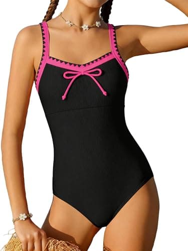 AMAWMW Girls Swimsuit Contrasting Trims Adjustable Straps Bathing Suit Summer Beach Swimwear for Teen Girls 7-16y, Black, 11-12 Years - Image 1