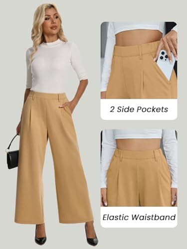 Amzdora Women’s Casual Wide Leg Pants High Waisted Stretch Pull On Palazzo Trousers Loose Flowy Lounge Pants with Pockets Khaki - Thumbnail 4