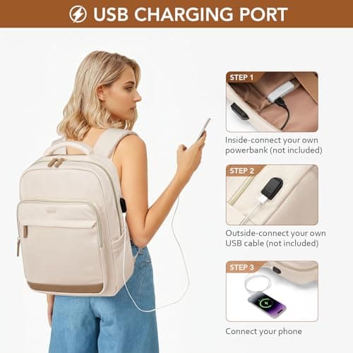 MDODO Laptop Backpack for Women,Travel Backpack with Laptop Compartment,Casual Daypack College Bookbag Computer Work Backpack,Beige - Thumbnail 5