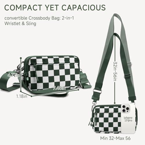 NBERMOTION Checkered Nylon Wristlet Wallets for Women RFID Blocking Purse With Credit Card Holder & Crossbody Strap(Pea Green) - Thumbnail 3