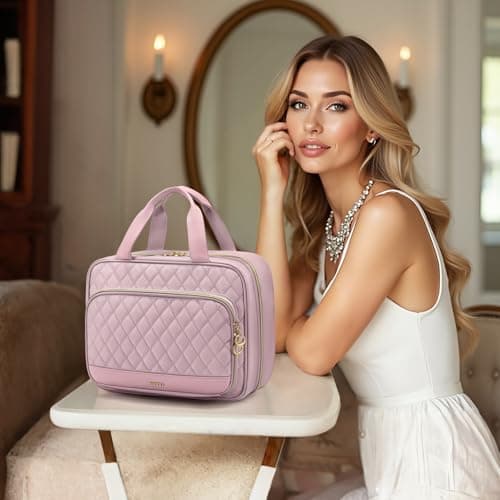 MDODO Travel Toiletry Bag for Women Hanging Cosmetic Organizer with Brush Compartment Makeup Bag for Full Sized Travel Essentials, Pinkish Purple - Thumbnail 2