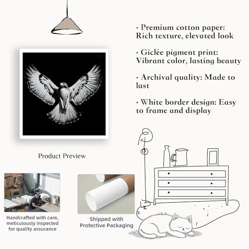 Moonow7 Majestic Hawk Wall Art Prints, Black and White Wildlife Posters, Bird of Prey Decor, Living Room Artwork, Office Wall Accents, Bold Nature Home Decor, Unframed Size 30x30 cm / 12x12″ - Thumbnail 2