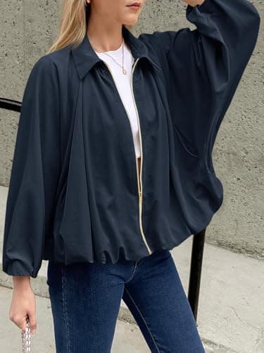 Tankaneo Womens Bomber Jackets Oversized Batwing Sleeve Zip Up Puffed Jacket Lapel Collar Pleated Outerwear - Thumbnail 3