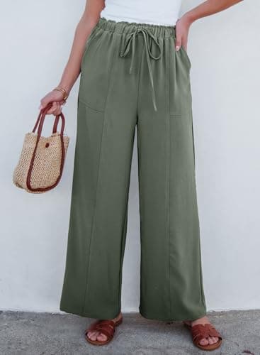 Dokotoo Wide Leg Pants Woman Palazzo Pants 2026 Drawstring Flowy Elastic Waist Petite Casual Dress Trousers Vacation Outfits with Pockets Beach Vacation Clothes,Olive XX-Large - Thumbnail 2
