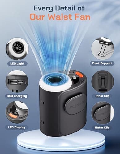POKISEED Rugged Portable Fan, 10000mAh Rechargeable Battery, 40H Runtime, 5-Speed Turbo Cooling, Hands-Free Multi-Position Design for Construction, Jobsite, Warehouse, Farm, Camping(Black) - Thumbnail 5