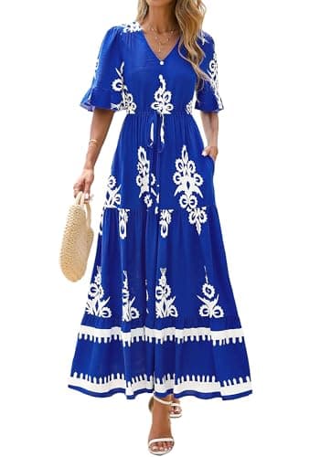 BTFBM Womens Summer Dresses 2026 Spring Casual Short Sleeve v Neck Boho Floral Flowy A-Line Tiered Maxi Dress Pockets(Floral Blue White, Medium) - Thumbnail 2