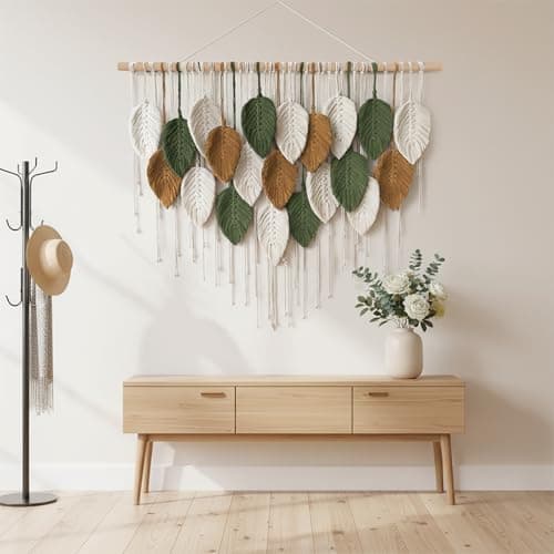 VEKALON Macrame Wall Art Tapestry - Large Boho Chic Woven Wall Hanging Decor for Bedroom, Modern Bohemian Leaf-Shaped Decorations for Office, Living Room, Bathroom(Forest Emerald)