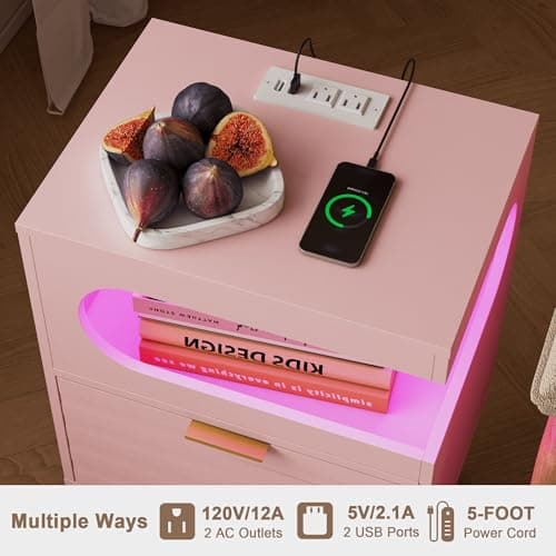 Veegle Nightstand with Charge Station,Modern Bedside Table with Storage Drawer and Open Wood Shelf, Accent Night Stand with Solid Wood Legs for Bedroom and Small Spaces (Pink) - Thumbnail 5