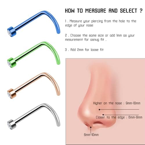 BOGKU 8pcs Nose Rings Titanium Nose Piercings Screw for Women 18G Nose Rings Studs Hypoallergenic Body Piercing Jewelry Set for Women Men - Thumbnail 3