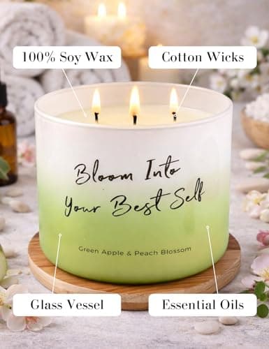 Green Apple Peach Blossom Scented Soy Candle - Large 3-Wick Aromatherapy Candle for Home, 15.8oz - Fresh Fruity Scent - “Bloom Into Your Best Self” Quote - Inspirational Home Decor Gift - Thumbnail 5