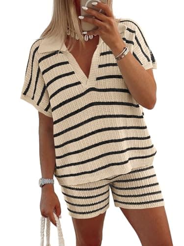 Tankaneo Womens 2 Piece Outfits Striped Knit Summer Sets V Neck Short Sleeve Tops and Shorts Lounge Matching Set Beige Large - Image 1
