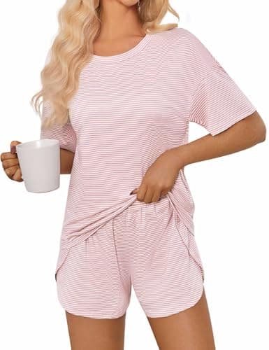 JUSTFASHIONNOW Shorts Pajama Set for Women Two Piece Lounge Set Striped Print Crew Neck Loungewear Short Sleeve Tee and Side Split Shorts Set Summer Outfits Cute Pj Sets Pink XL - Thumbnail 2