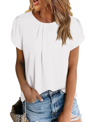 PRETTYGARDEN Women's Tops 2025 Casual Summer Round Neck Short Sleeve Basic Pleated Loose Fit Blouses Plain Tunic Shirts(White,Medium) - Image 1