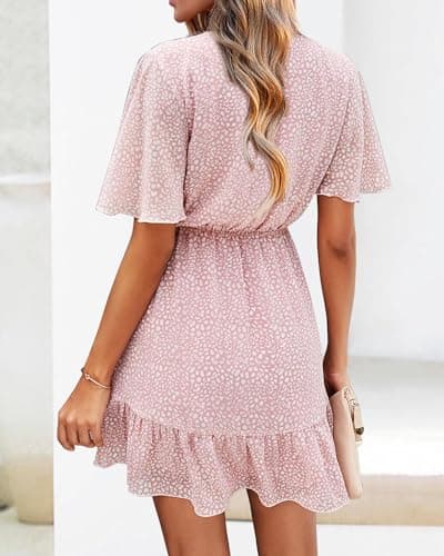 KIRUNDO Womens Summer Dresses 2026 Casual Spring Short Sleeve V Neck Ruffle Floral Print High Waist Belted Flowy Mini Dress(X-Large, Pink) - Thumbnail 2