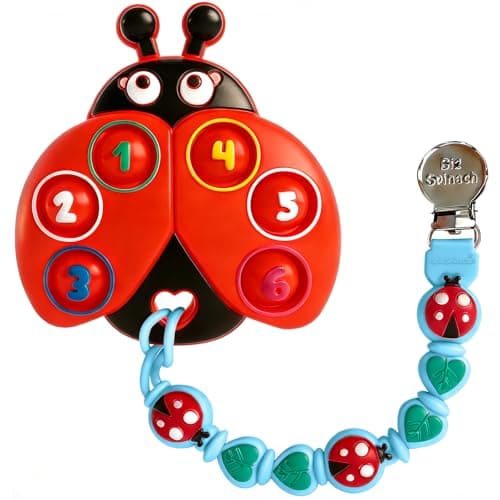 BIGSPINACH Teething Toy & Pacifier Clip Set,Ladybug Pop-It Teether & Pacifier Hold,Multi-Textured Chew Toy with Number Buttons for Early Learning, Baby Teething Relief (Red+Blue) - Image 1