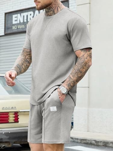 JEMLDL Mens 2 Piece Summer Outfits, Short Sleeve T Shirt & Shorts Loungewear Set, Comfortable Casual Travel Tracksuit Gray M - Thumbnail 3