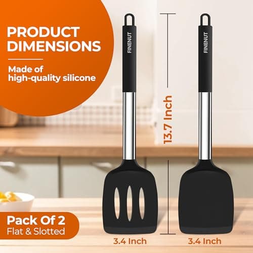 FINENUT Silicone spatula Solid&Slotted Turner Set of 2, for Flipping Fish Pancake Egg,Scratch-Proof for Nonstick Pans,446°F High Heat Resistant BPA-Free Kitchen Cooking(Black) - Thumbnail 5