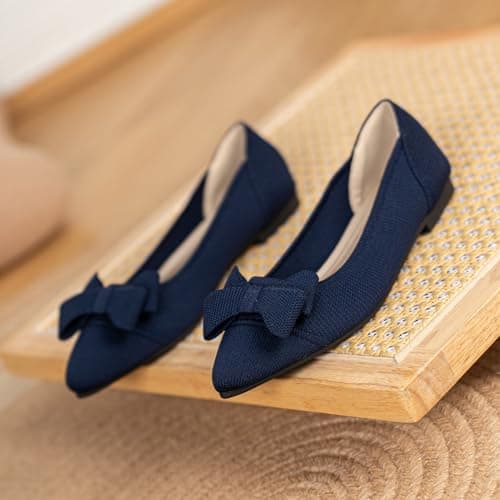 AHZEHRSE Women's Flats Shoes Comfortable Slip On Shoes Classic Dressy Pointed Toe Bow Knit Ballet Flat Blue - Thumbnail 6