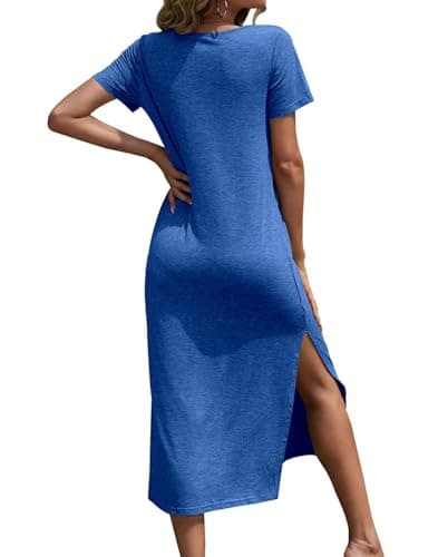 Dyexces Women Summer T Shirt Dress Short Sleeve Casual V Neck T Shirts Maxi Dresses Loose Side Slit Long Tshirt Midi Dress Tshirts with Pockets Navy - Thumbnail 3