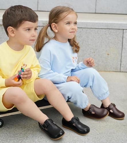 Nedaan Toddler Leather Shoes Black Girls Boys Wide Casual Sneakers Spring Fall Shoes Flats - Thumbnail 2