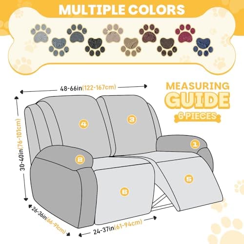 Ruaozz Loveseat Recliner Covers, 6 Pieces Dual Recliner Couch Cover Stretch Paw Bone Prints Reclining Sofa Slipcovers Soft Furniture Protector with Pockets for Dogs Pets (2 Seat, Gray) - Thumbnail 2