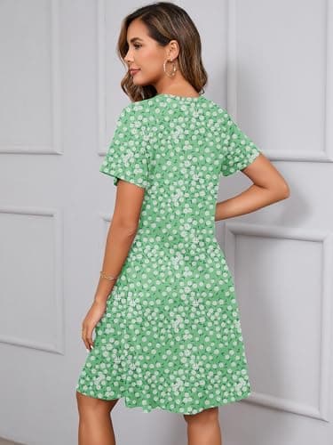 Heymoments Women's Short Sleeve Dress Floral Print Large Crewneck Casual Loose Flowy Below Knee Length Sundress Business A Line Shirt Teachers Summer Novelty Boho Dresses with Pockets - Thumbnail 5