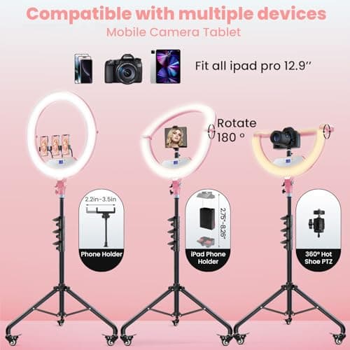 22" Foldable Ring Light with Stand for iPhone ipad, 75" Tripod with Wheels 50W 6500K LED Display/2 USB Ports Large Ringlight Rolling, Tattoo Barber Makeup Studio Video Photography Lighting(Pink) - Thumbnail 6