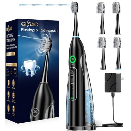 OILSAO Electric Toothbrush with Water Flosser 3 in 1, Sonic Flossing Toothbrush with 3 Modes & 5 Speeds, 4 Brush Heads, Portable for Travel, for Adults Teeth Cleaning and Plaque Removal,Black - Image 1