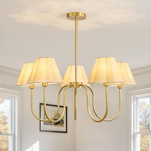 Linour Modern Gold 5-Light Chandelier, Adjustable Height Farmhouse Industrial Ceiling Light, Dimmable Hanging Pendant Lamp for Dining Room Kitchen Island Over Table, Foyer Living Room Bedroom - Image 1