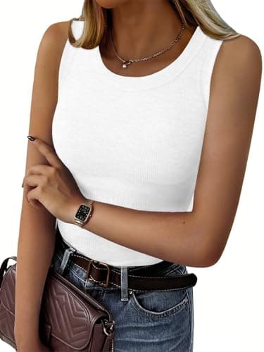 C.O.Z.Y Tank Tops for Women Ribbed Racerback Top Shirts High Neck Tank Casual Slim fit Basic Summer Tops White M - Thumbnail 2