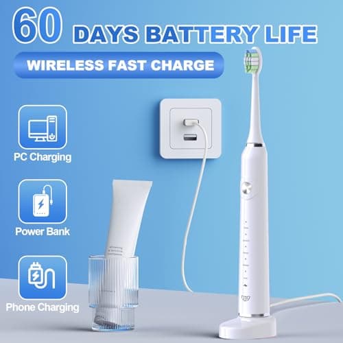 JTF Sonic Electric Toothbrush for Adults: 5 Customized Modes for Effective Yet Gentle Cleaning, 2 Types of Heads for Sensitive Teeth & Braces - with Travel Case and Wireless Charging for Daily Care - Thumbnail 5